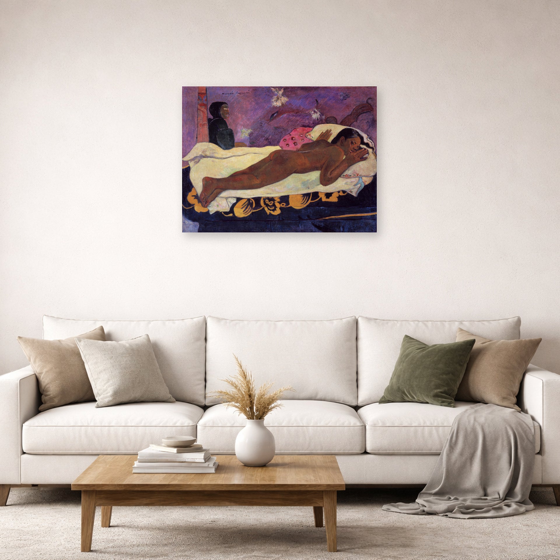 Unframed poster print of Paul Gauguin's Spirit of the Dead Watching displayed on a wall in a second living room setting