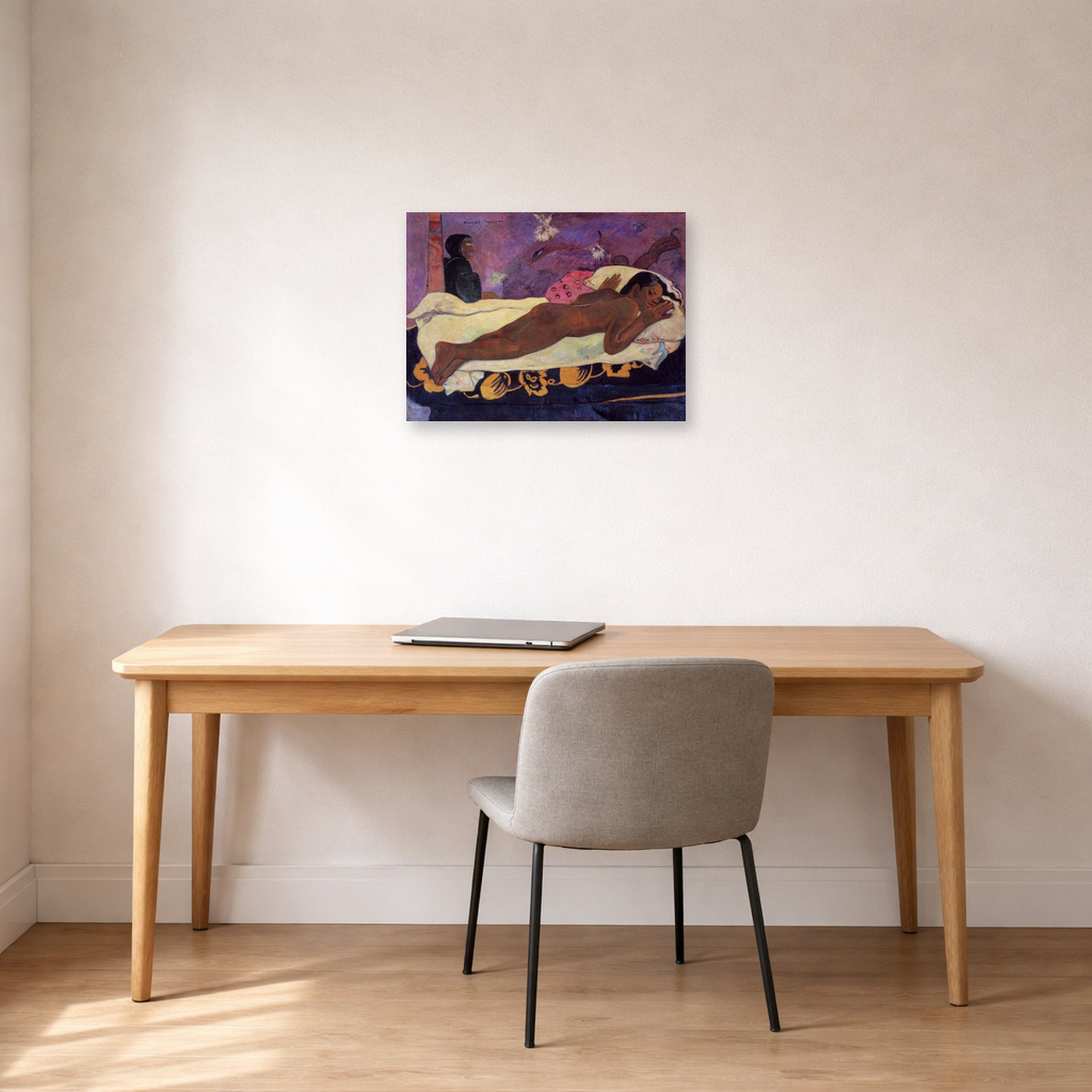 Unframed poster print of Paul Gauguin's Spirit of the Dead Watching displayed on a wall in an office