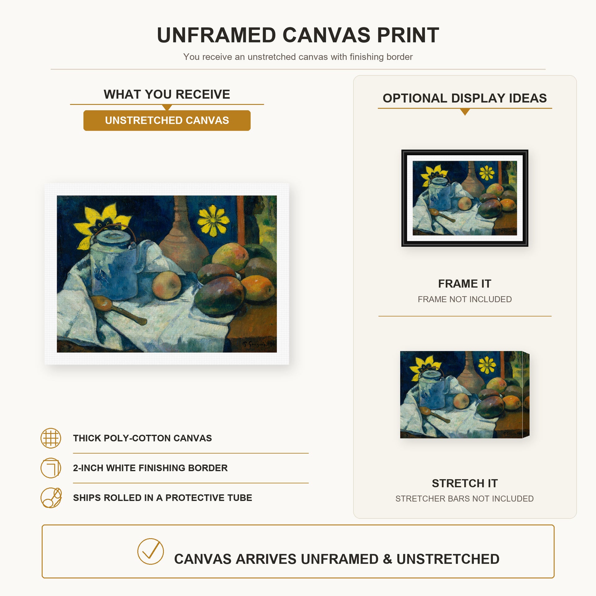 Paul Gauguin - Still Life with Teapot and Fruit canvas print size comparison and framing display infographic
