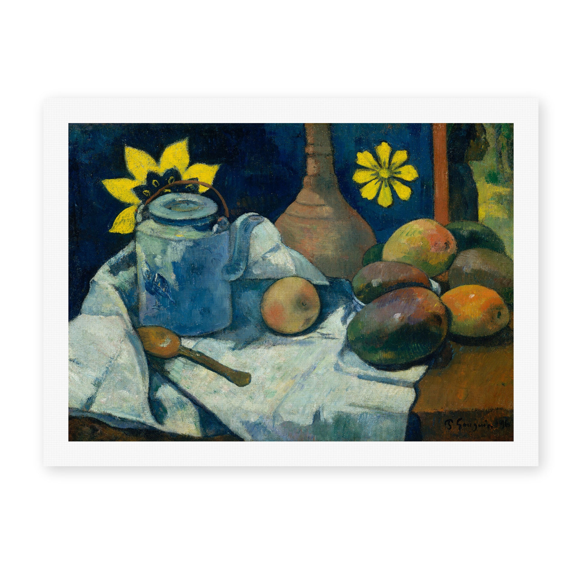 Paul Gauguin's 'Still Life with Teapot and Fruit' painting reproduced as a rolled canvas print