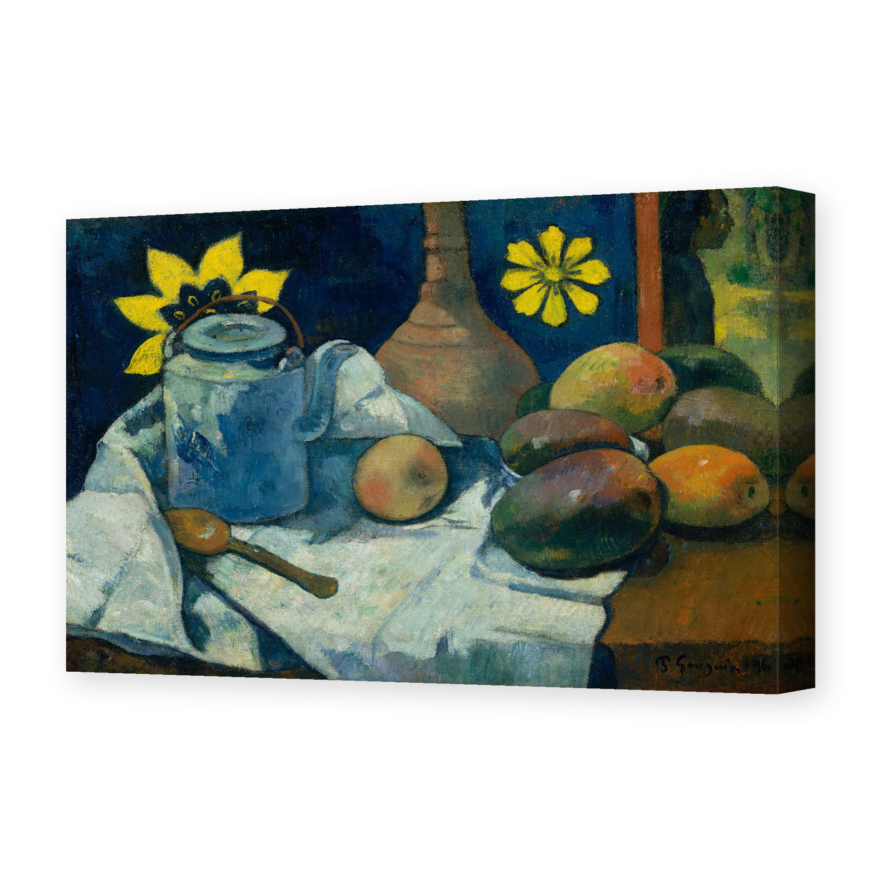 Paul Gauguin's 'Still Life with Teapot and Fruit' painting reproduced as a gallery-wrapped canvas print