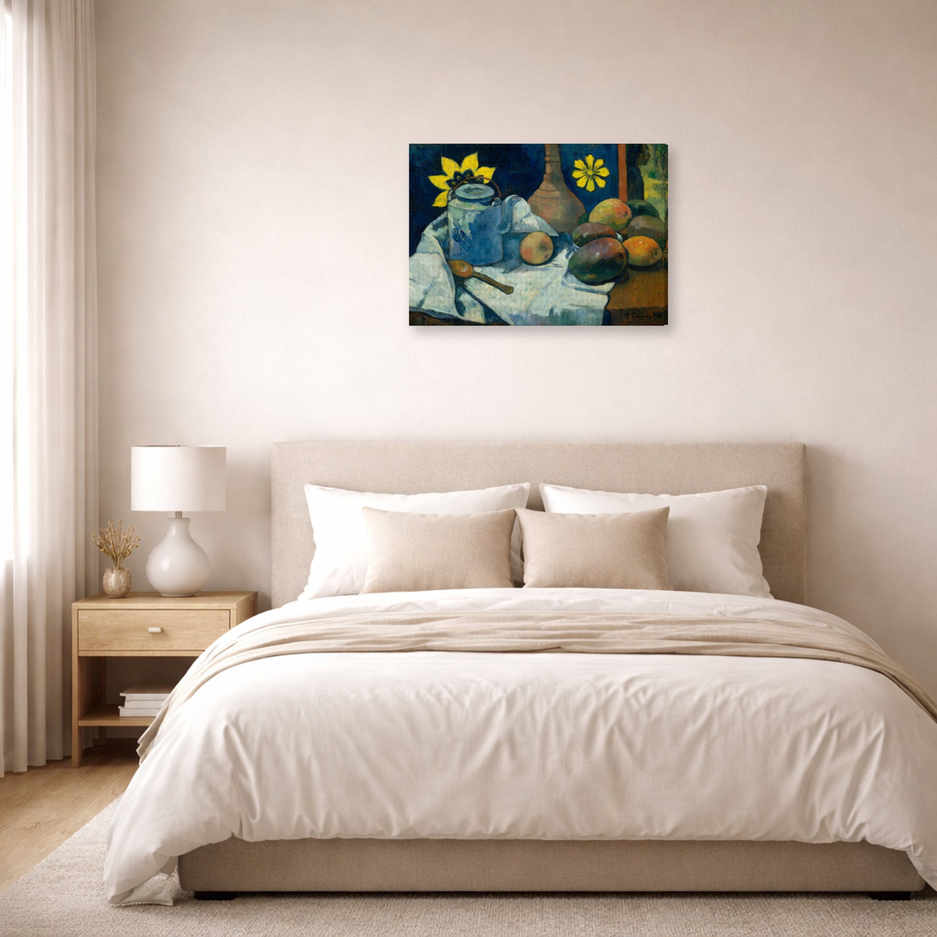 Gallery-wrapped canvas print of Paul Gauguin's Still Life with Teapot and Fruit displayed on a wall in a bedroom