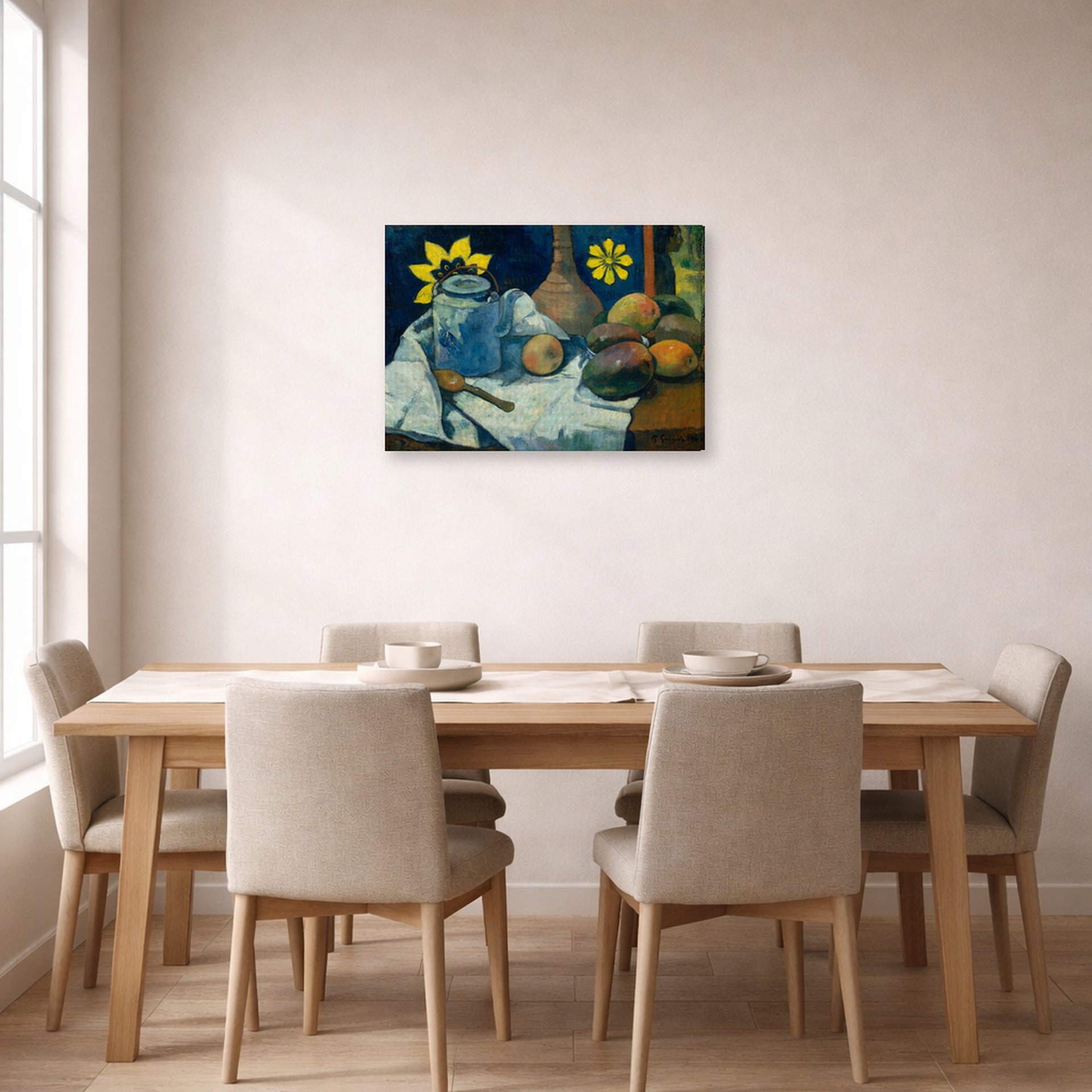 Gallery-wrapped canvas print of Paul Gauguin's Still Life with Teapot and Fruit displayed on a wall in a dining room