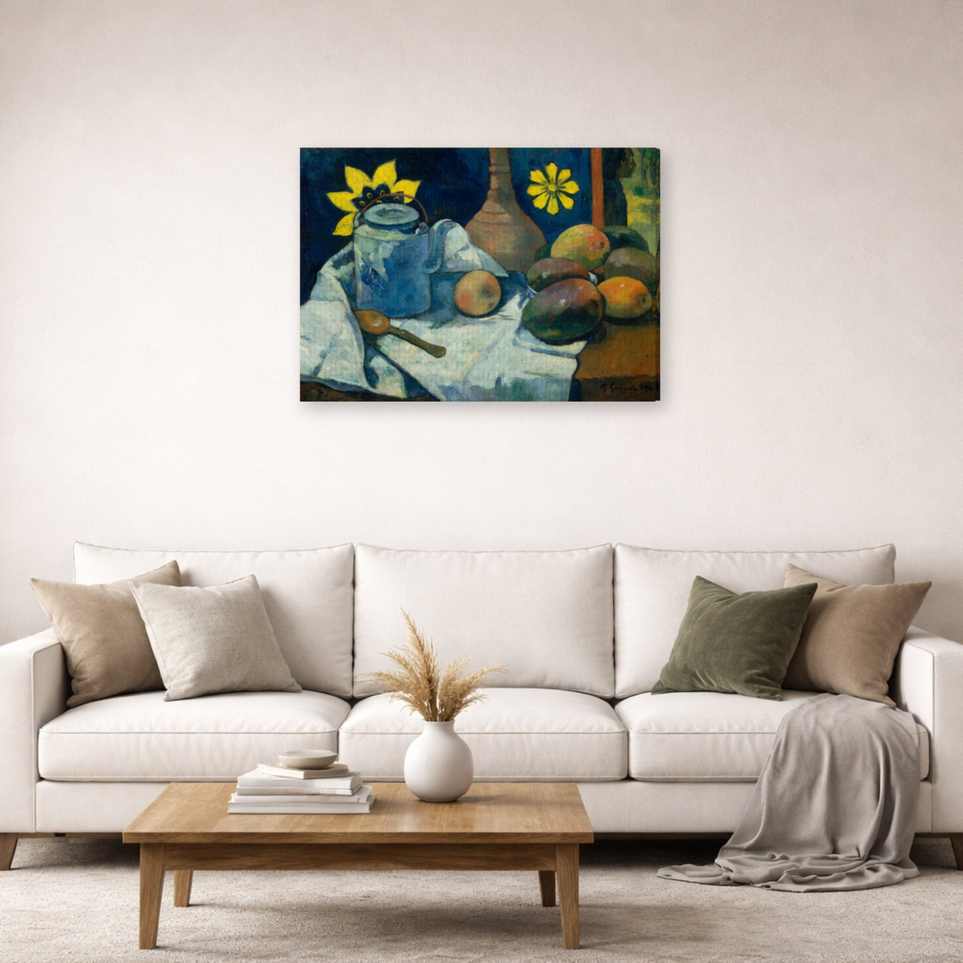 Gallery-wrapped canvas print of Paul Gauguin's Still Life with Teapot and Fruit displayed on a wall in a second living room setting