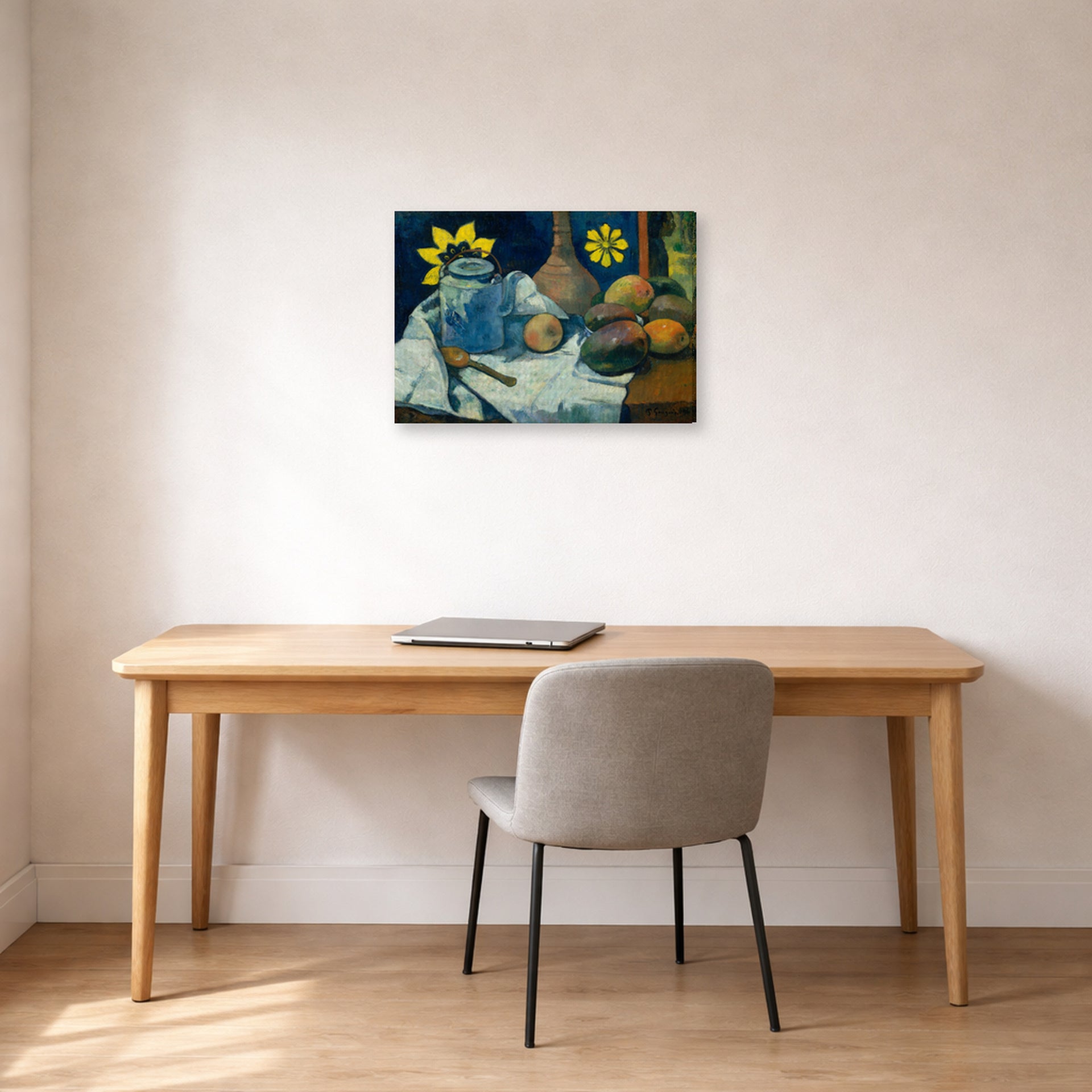 Gallery-wrapped canvas print of Paul Gauguin's Still Life with Teapot and Fruit displayed on a wall in an office