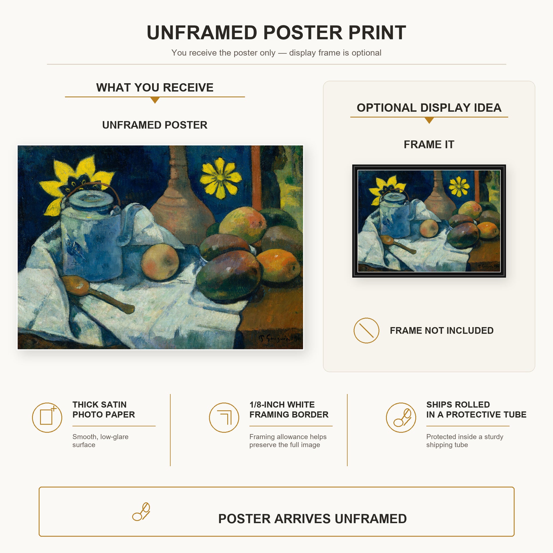 Paul Gauguin - Still Life with Teapot and Fruit poster print size comparison and framing display infographic