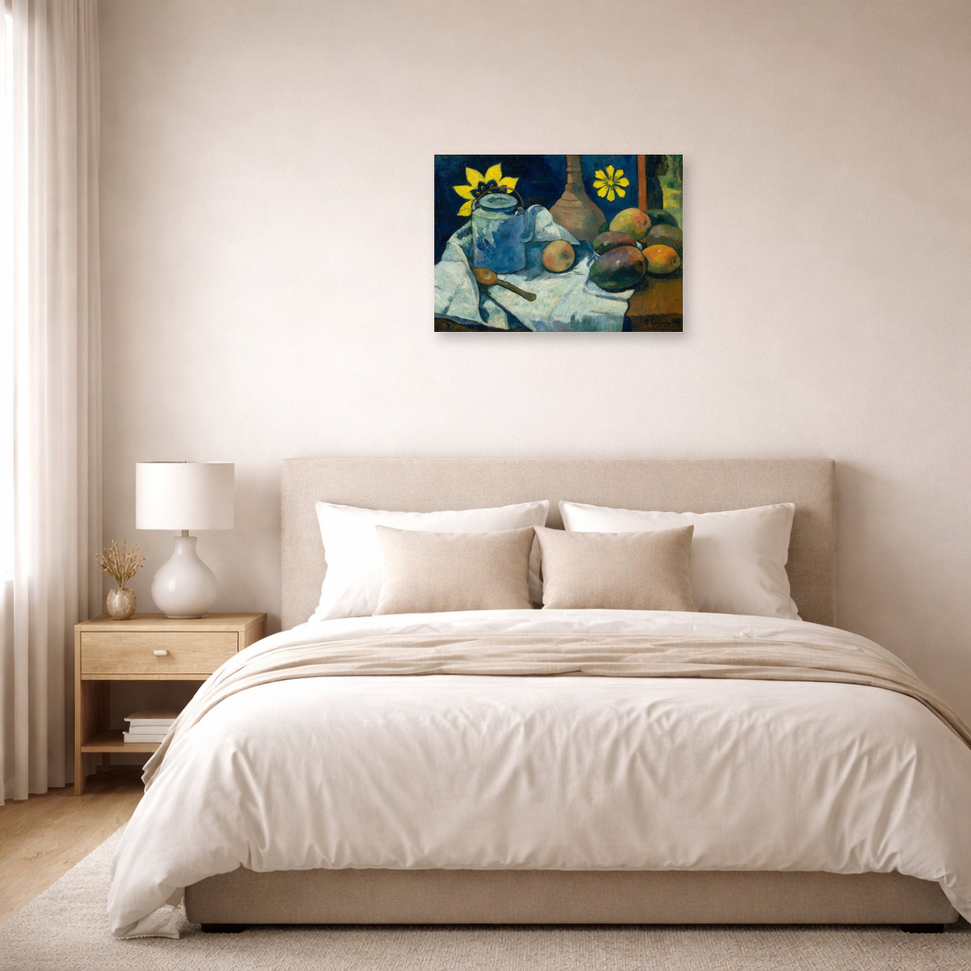 Unframed poster print of Paul Gauguin's Still Life with Teapot and Fruit displayed on a wall in a bedroom