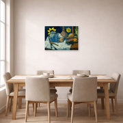Unframed poster print of Paul Gauguin's Still Life with Teapot and Fruit displayed on a wall in a dining room