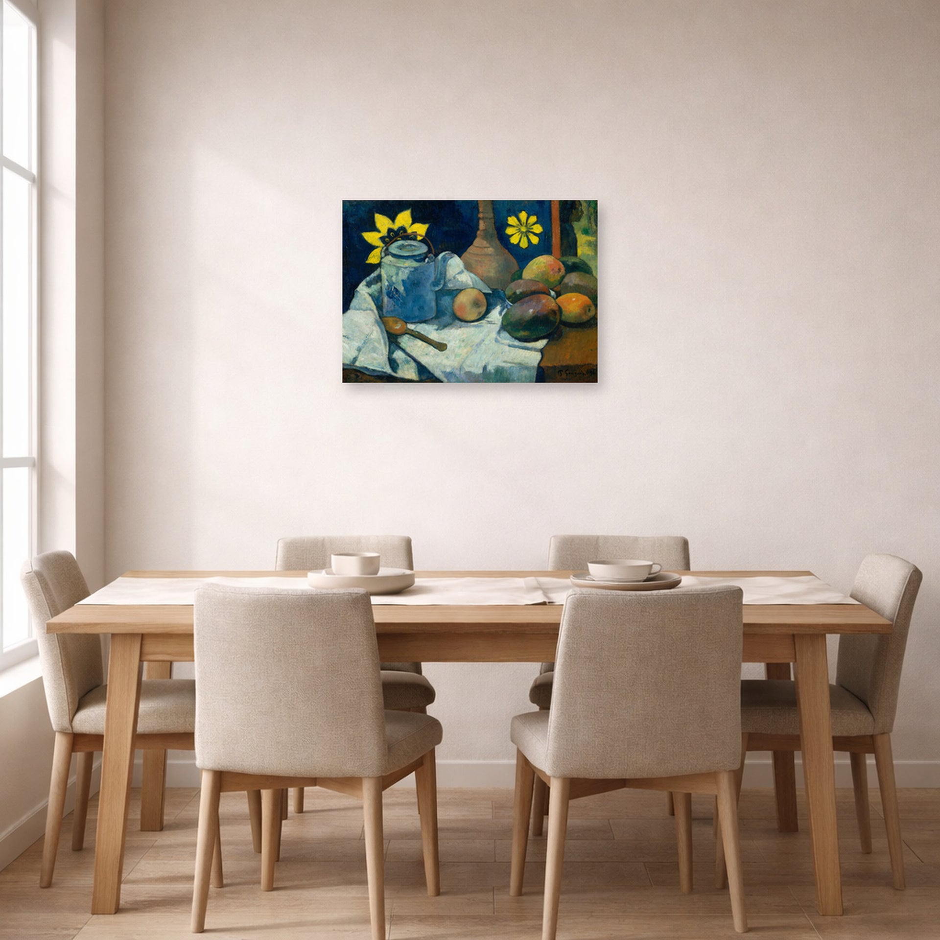 Unframed poster print of Paul Gauguin's Still Life with Teapot and Fruit displayed on a wall in a dining room