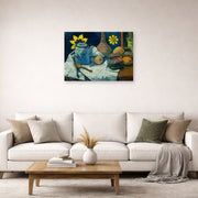 Unframed poster print of Paul Gauguin's Still Life with Teapot and Fruit displayed on a wall in a second living room setting