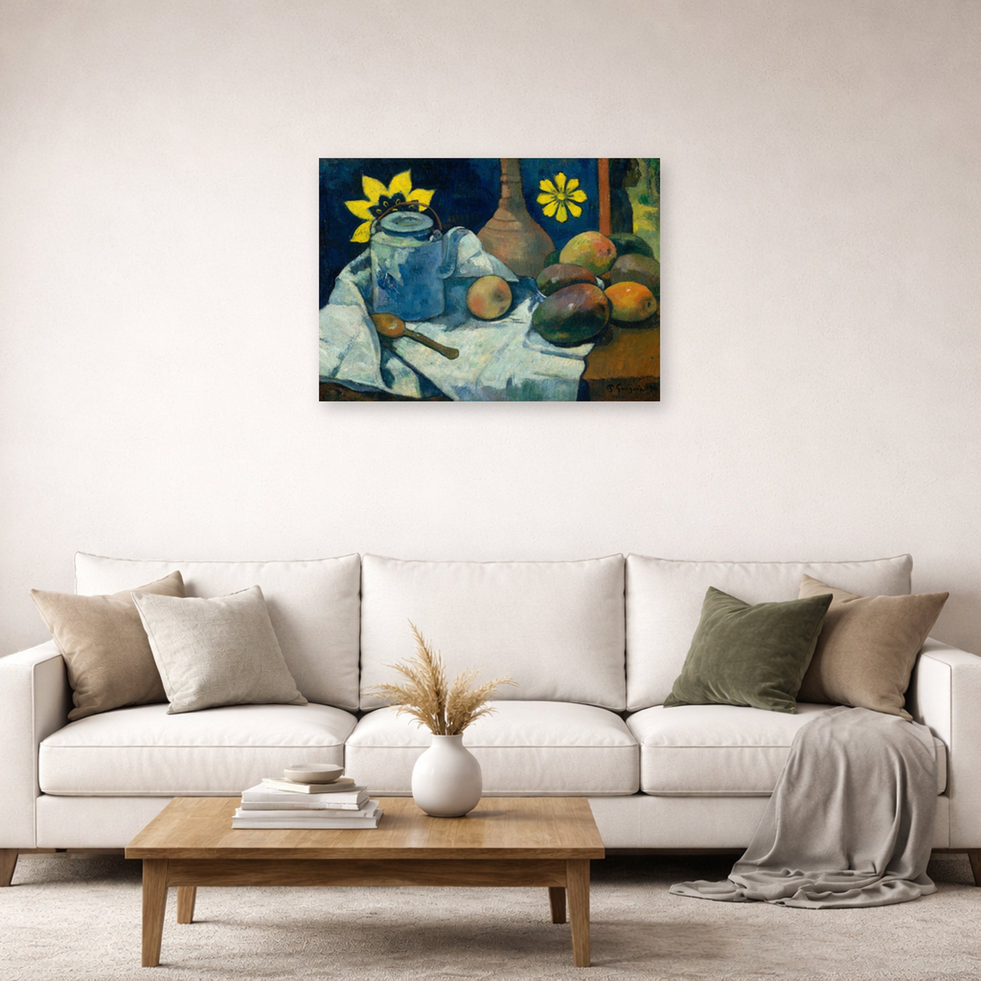 Unframed poster print of Paul Gauguin's Still Life with Teapot and Fruit displayed on a wall in a second living room setting
