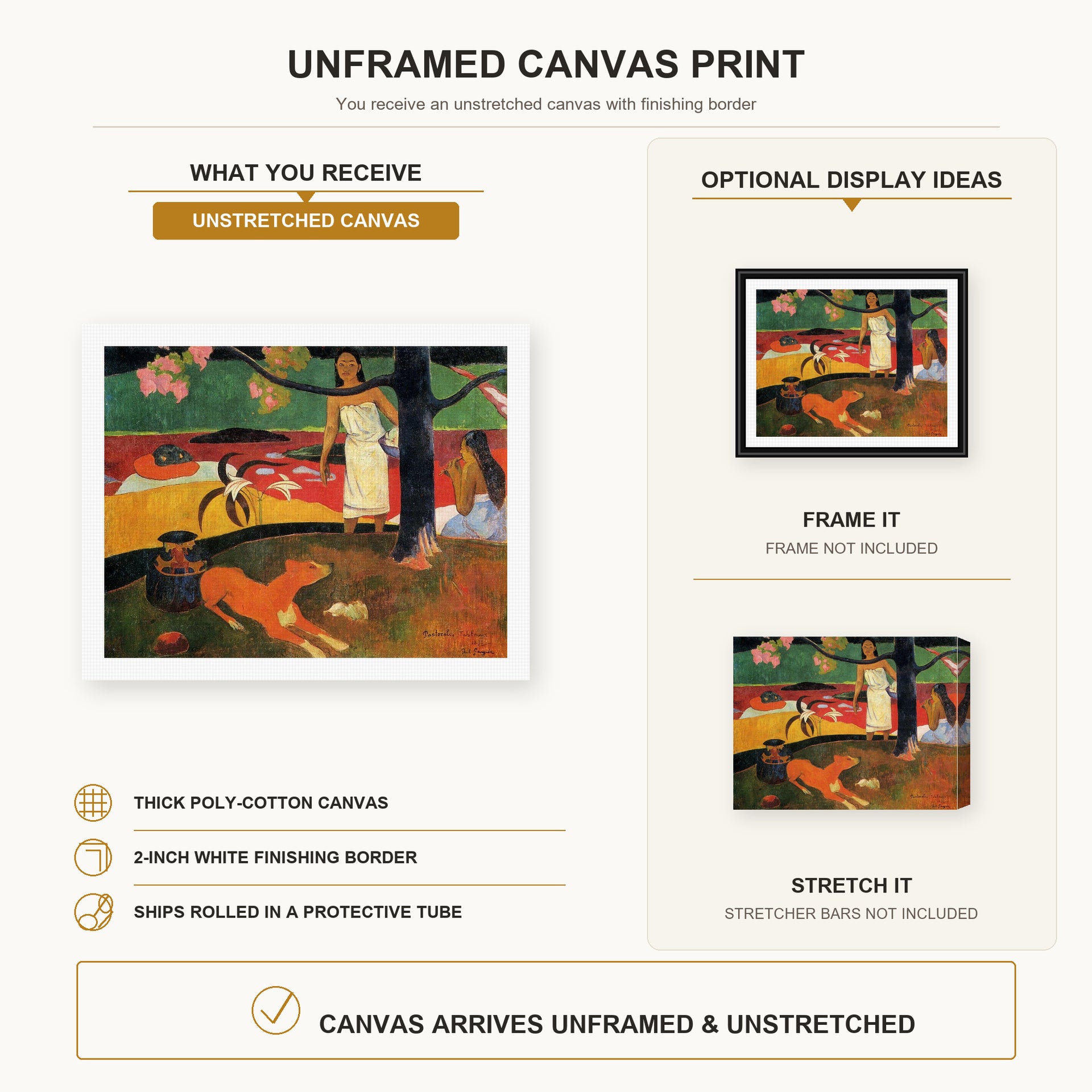 Paul Gauguin - Tahitian Pastoral canvas print size comparison and framing display infographic
