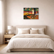 Gallery-wrapped canvas print of Paul Gauguin's Tahitian Pastoral displayed on a wall in a bedroom