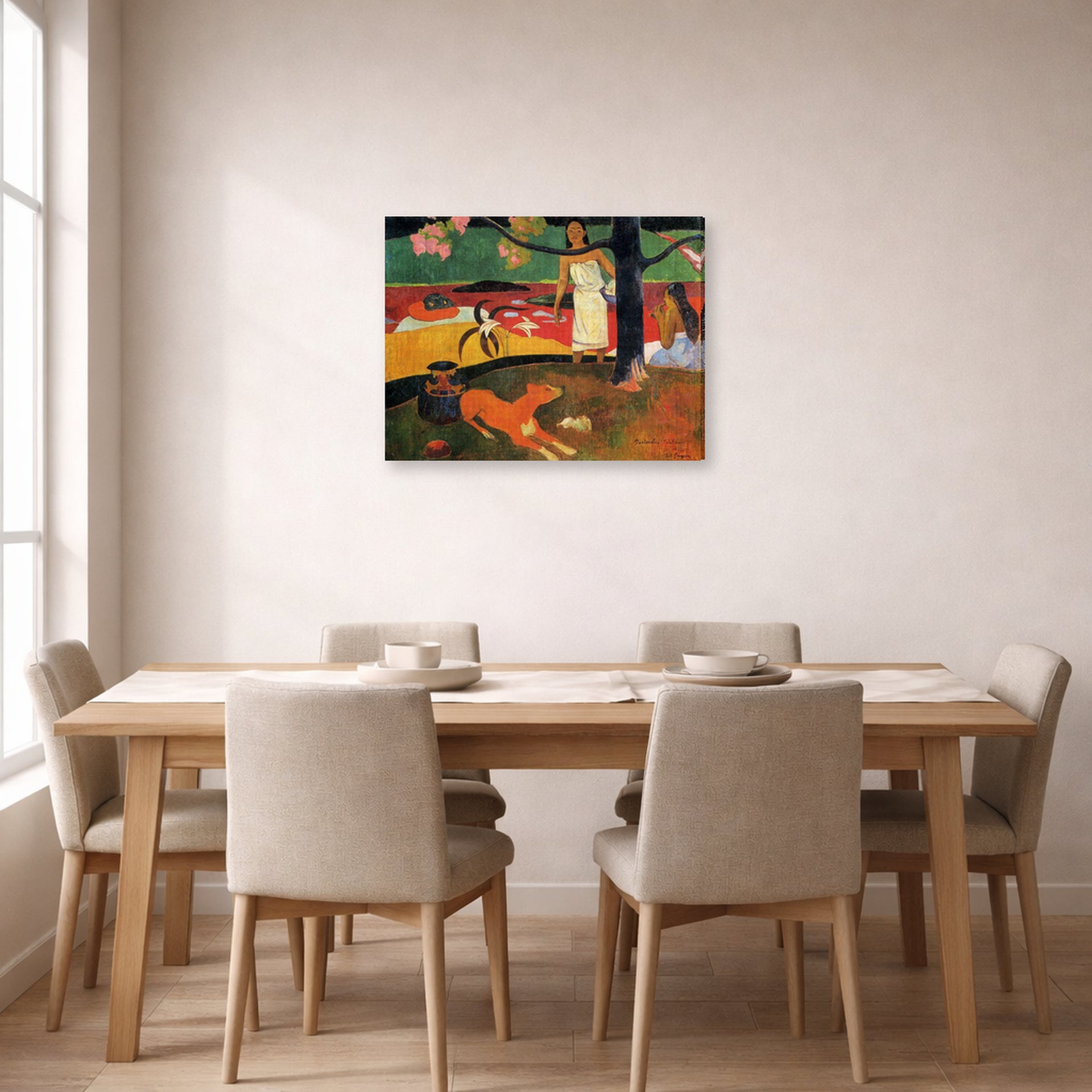 Gallery-wrapped canvas print of Paul Gauguin's Tahitian Pastoral displayed on a wall in a dining room