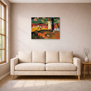 Gallery-wrapped canvas print of Paul Gauguin's Tahitian Pastoral displayed on a wall in a living room
