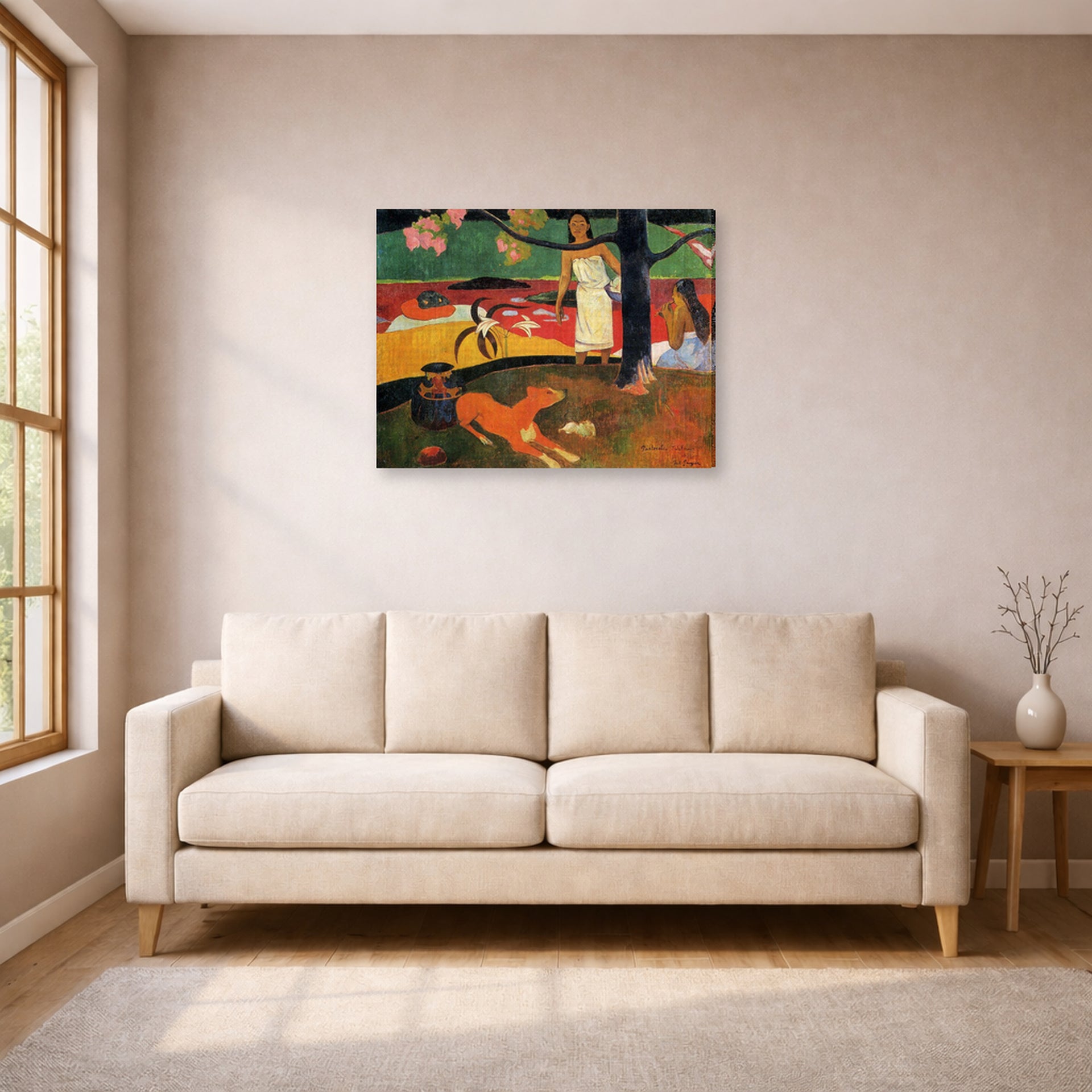 Gallery-wrapped canvas print of Paul Gauguin's Tahitian Pastoral displayed on a wall in a living room