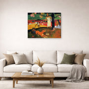 Gallery-wrapped canvas print of Paul Gauguin's Tahitian Pastoral displayed on a wall in a second living room setting