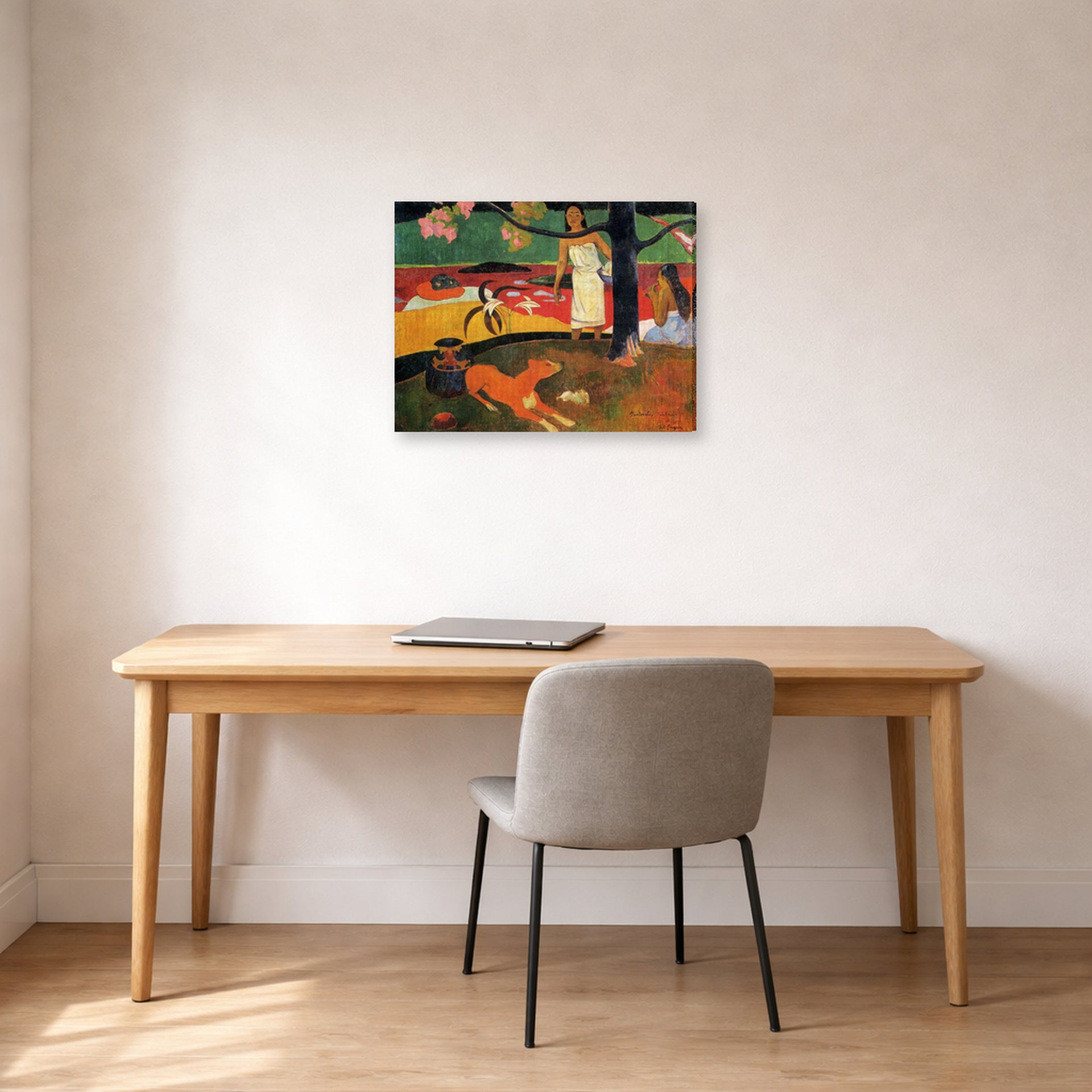 Gallery-wrapped canvas print of Paul Gauguin's Tahitian Pastoral displayed on a wall in an office