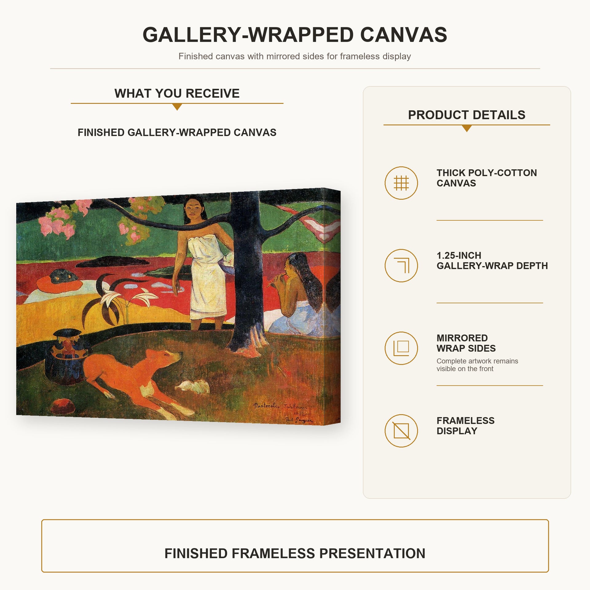 Paul Gauguin - Tahitian Pastoral gallery wrap canvas construction and hanging details infographic