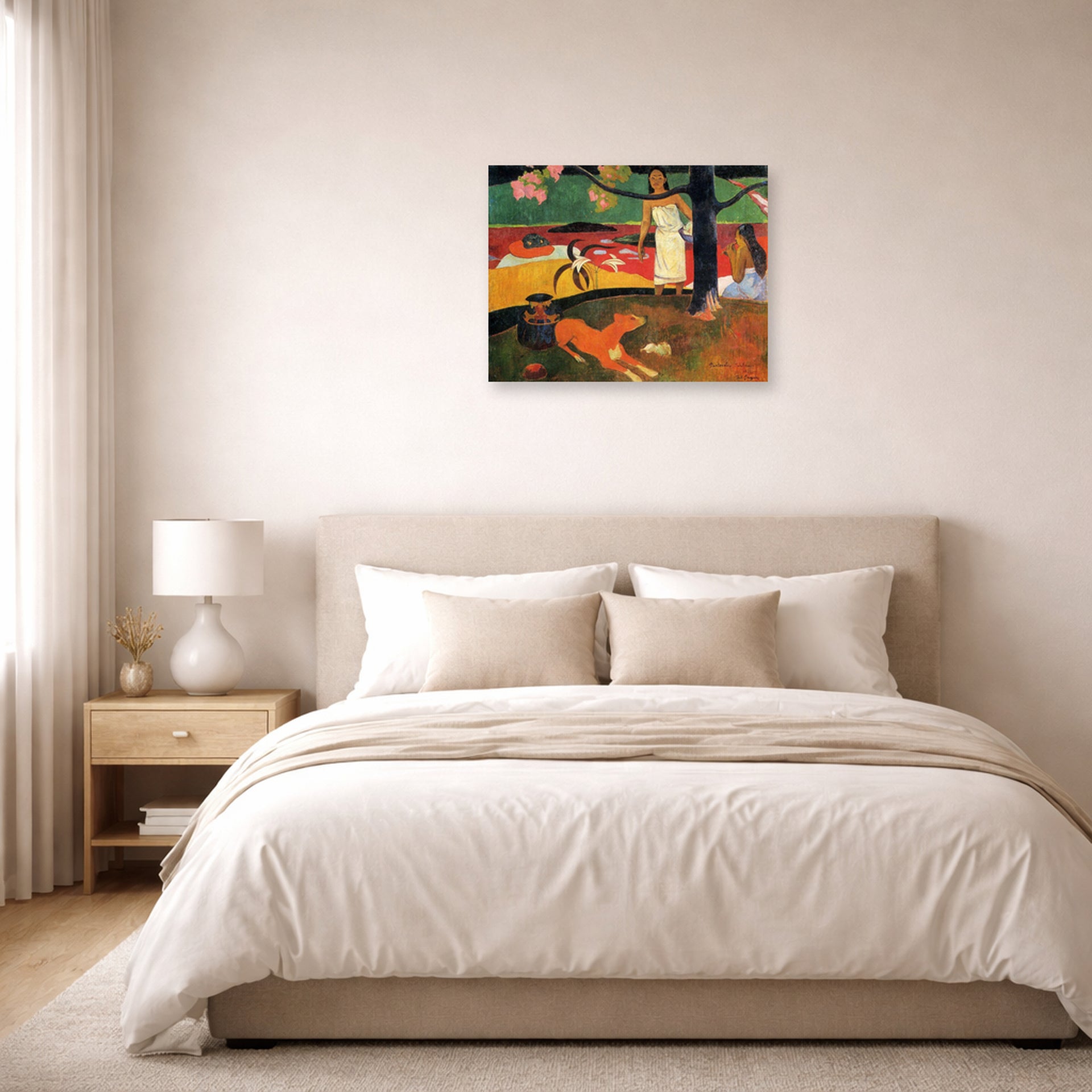 Unframed poster print of Paul Gauguin's Tahitian Pastoral displayed on a wall in a bedroom