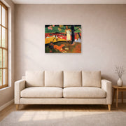 Unframed poster print of Paul Gauguin's Tahitian Pastoral displayed on a wall in a living room