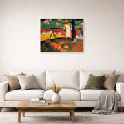 Unframed poster print of Paul Gauguin's Tahitian Pastoral displayed on a wall in a second living room setting