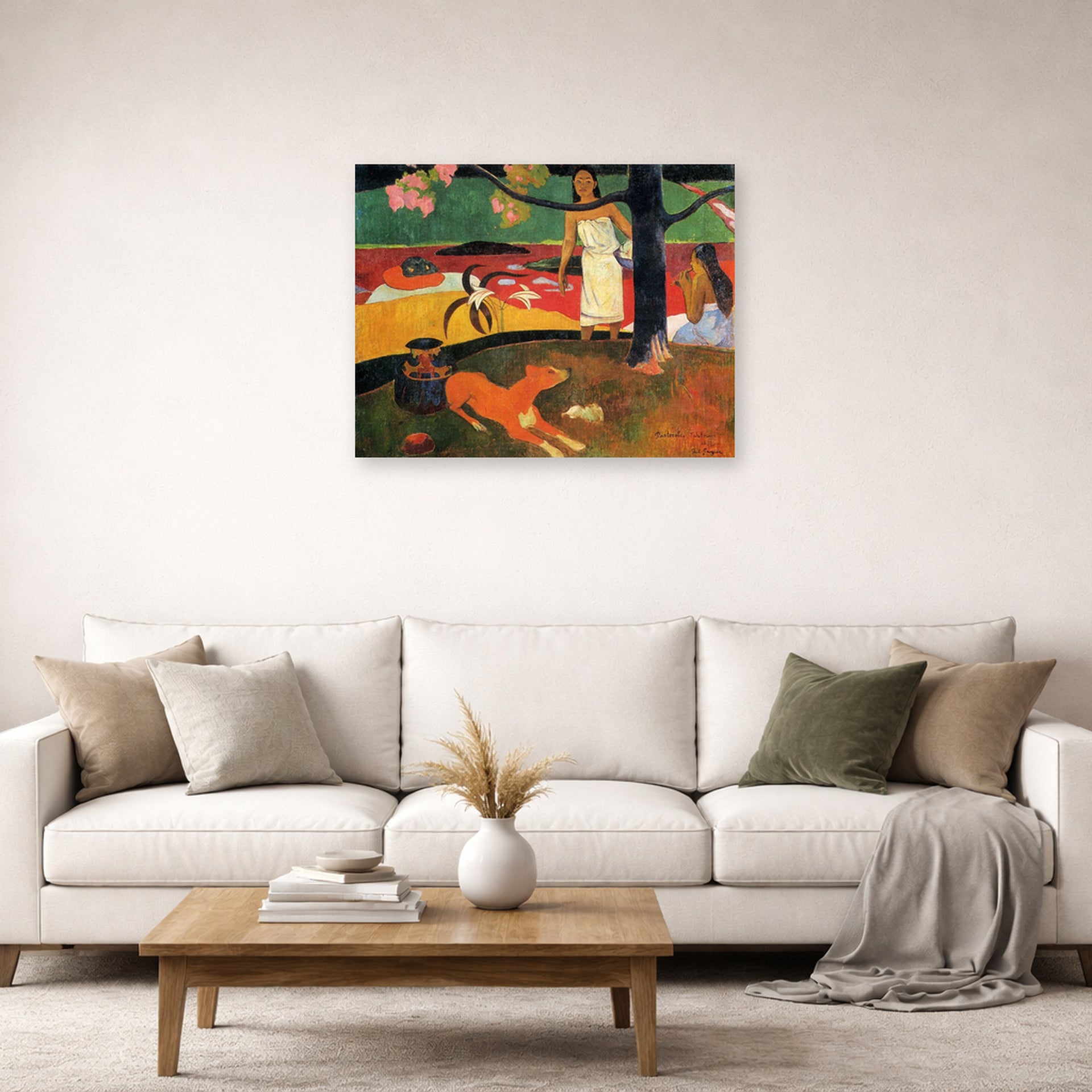 Unframed poster print of Paul Gauguin's Tahitian Pastoral displayed on a wall in a second living room setting