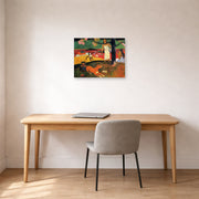 Unframed poster print of Paul Gauguin's Tahitian Pastoral displayed on a wall in an office