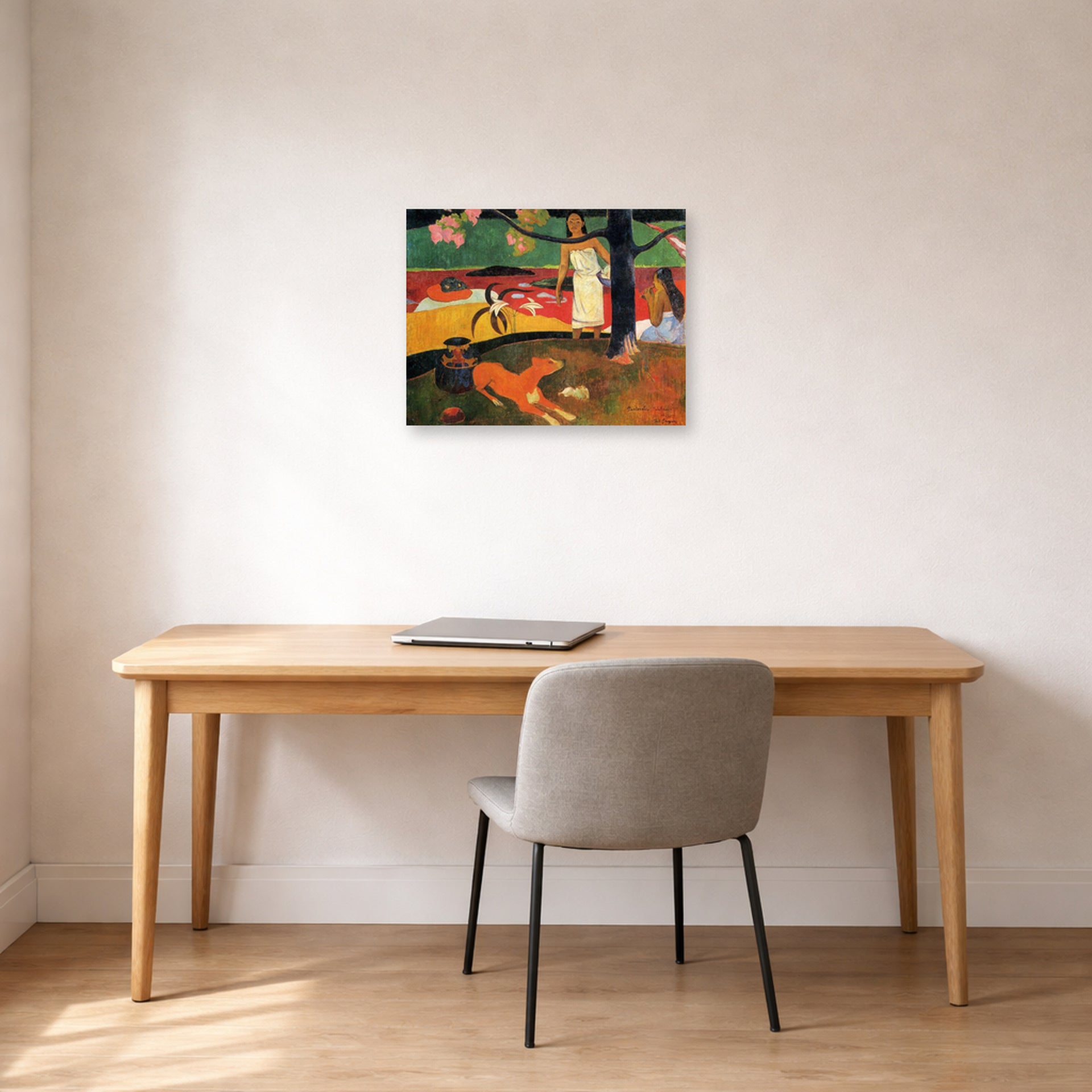Unframed poster print of Paul Gauguin's Tahitian Pastoral displayed on a wall in an office