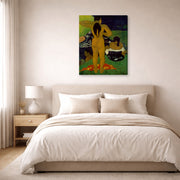 Gallery-wrapped canvas print of Paul Gauguin's Tahitian Women Bathing displayed on a wall in a bedroom