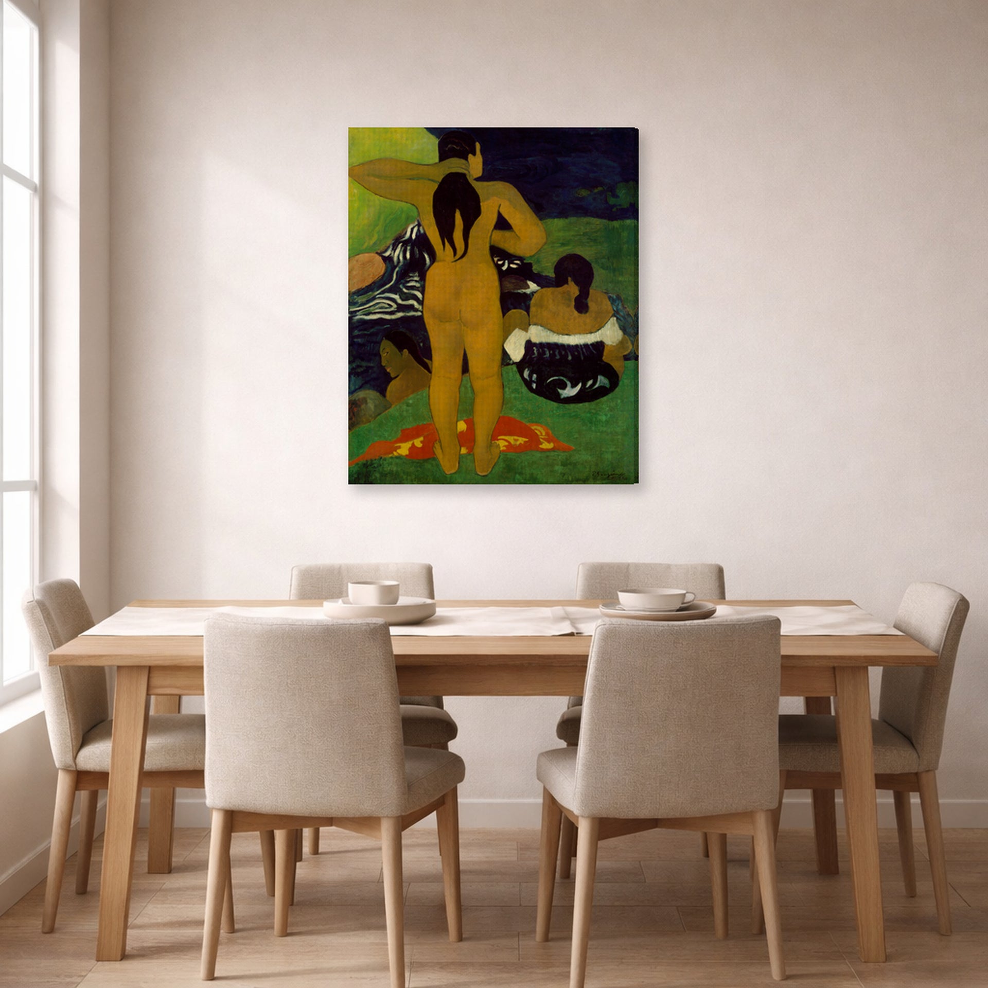 Gallery-wrapped canvas print of Paul Gauguin's Tahitian Women Bathing displayed on a wall in a dining room