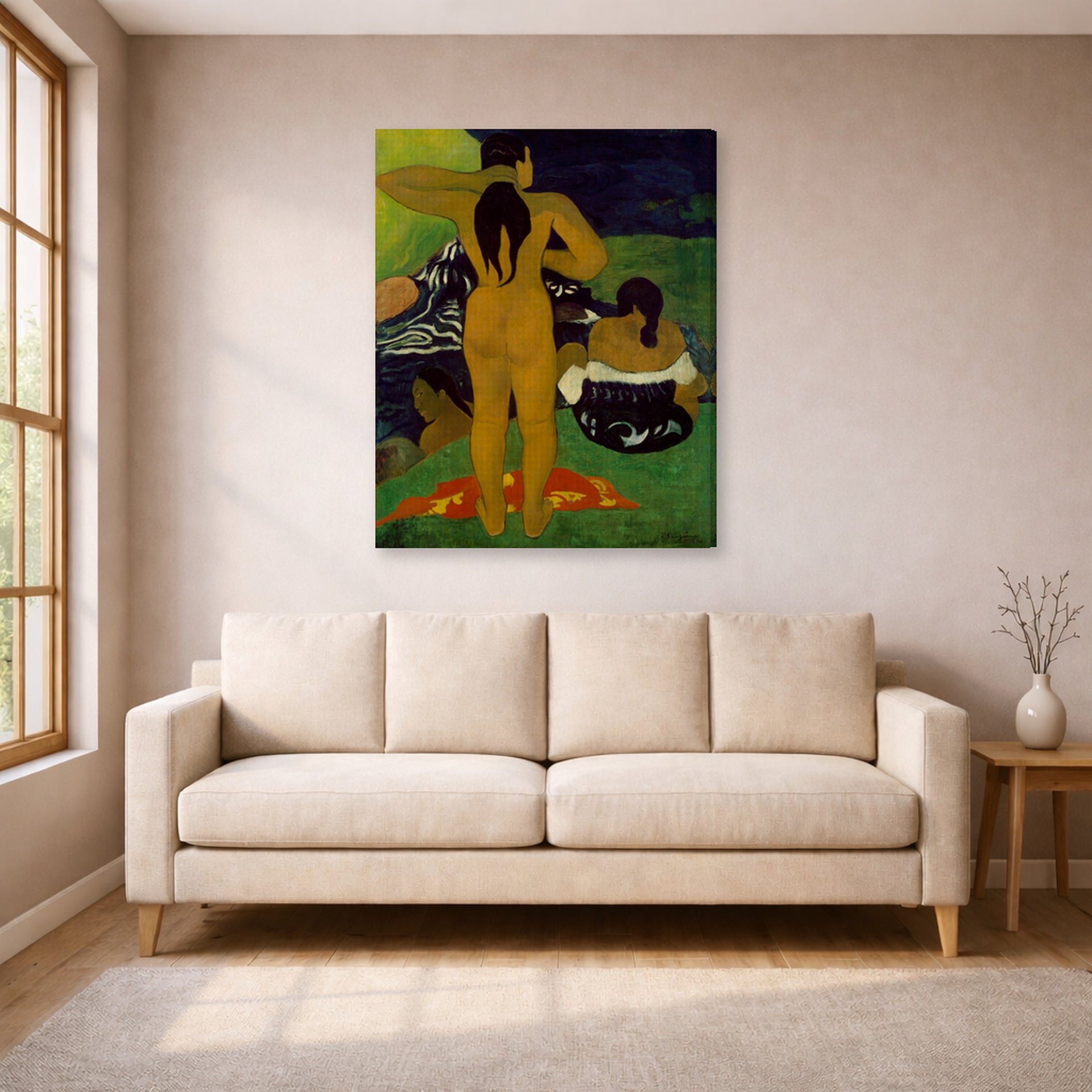 Gallery-wrapped canvas print of Paul Gauguin's Tahitian Women Bathing displayed on a wall in a living room