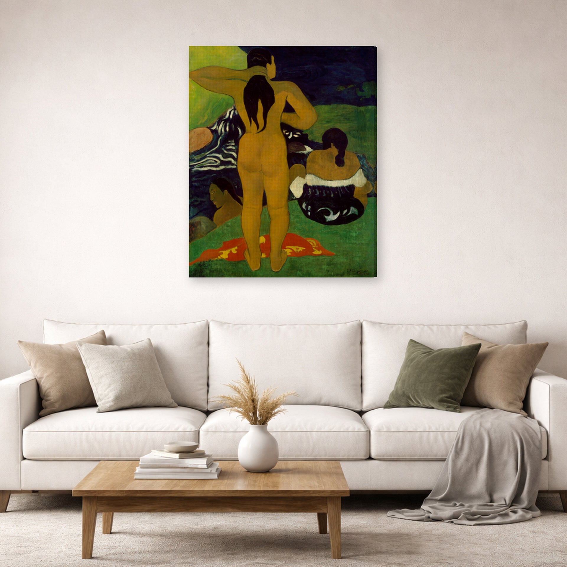 Gallery-wrapped canvas print of Paul Gauguin's Tahitian Women Bathing displayed on a wall in a second living room setting