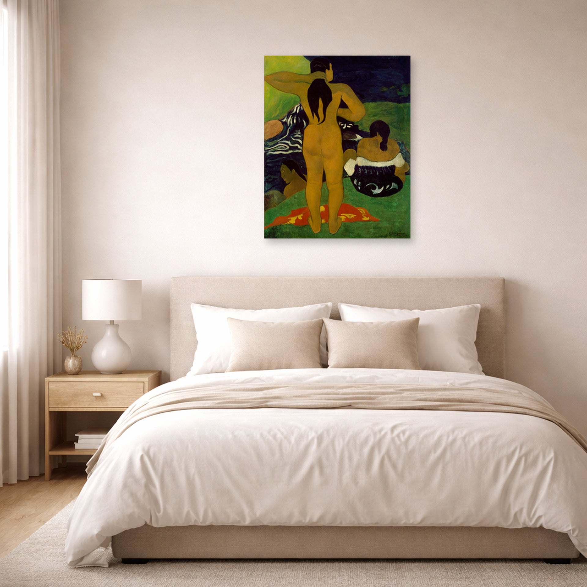 Unframed poster print of Paul Gauguin's Tahitian Women Bathing displayed on a wall in a bedroom