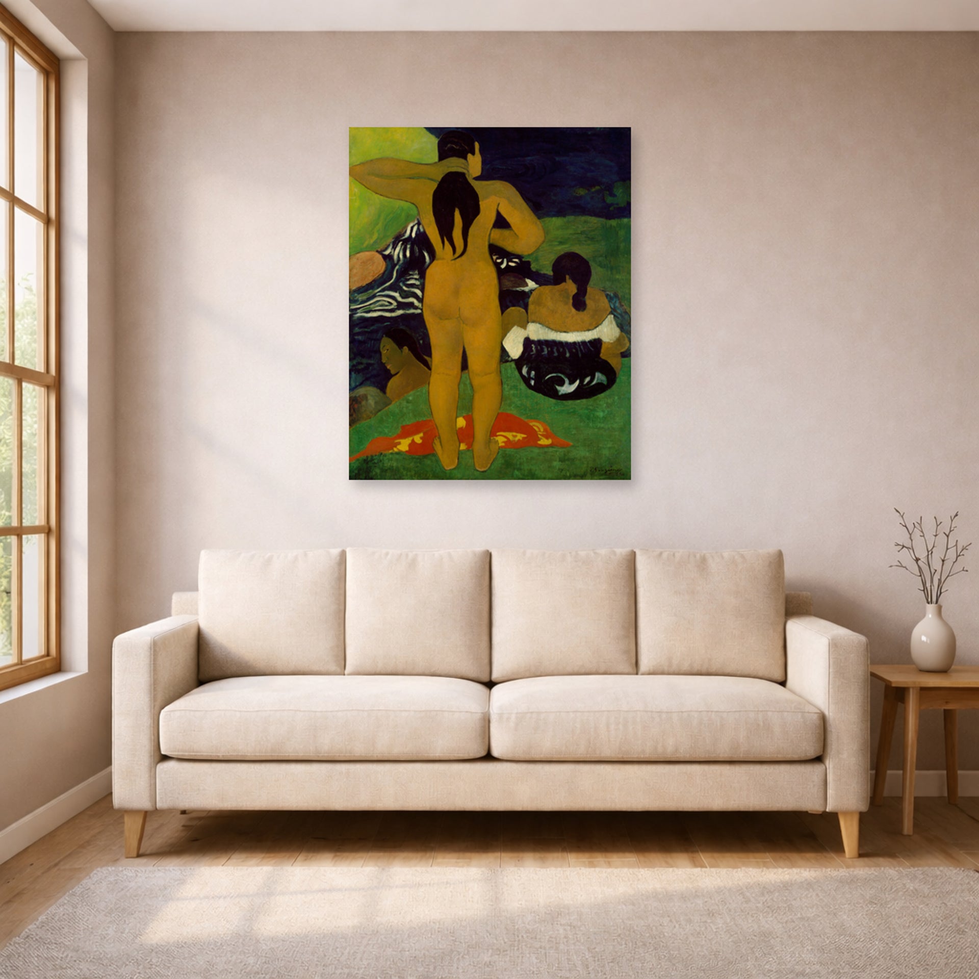 Unframed poster print of Paul Gauguin's Tahitian Women Bathing displayed on a wall in a living room