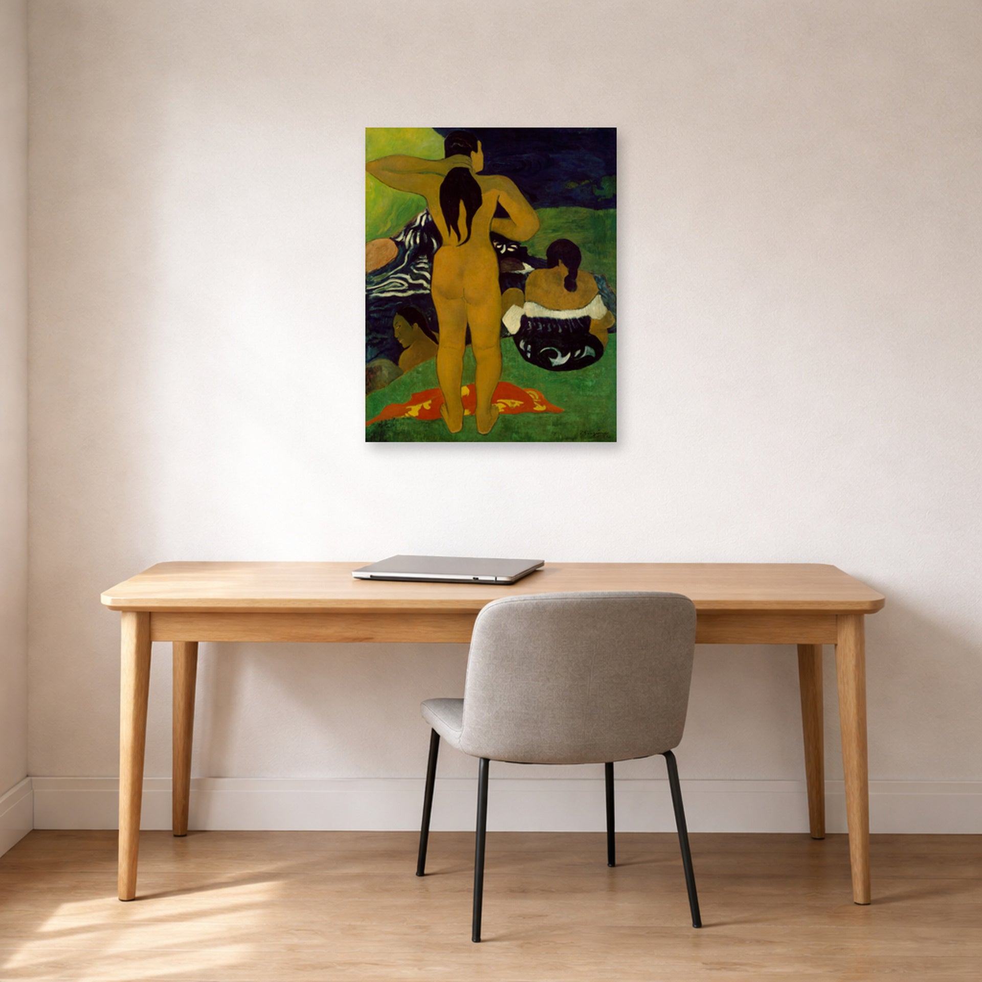 Unframed poster print of Paul Gauguin's Tahitian Women Bathing displayed on a wall in an office
