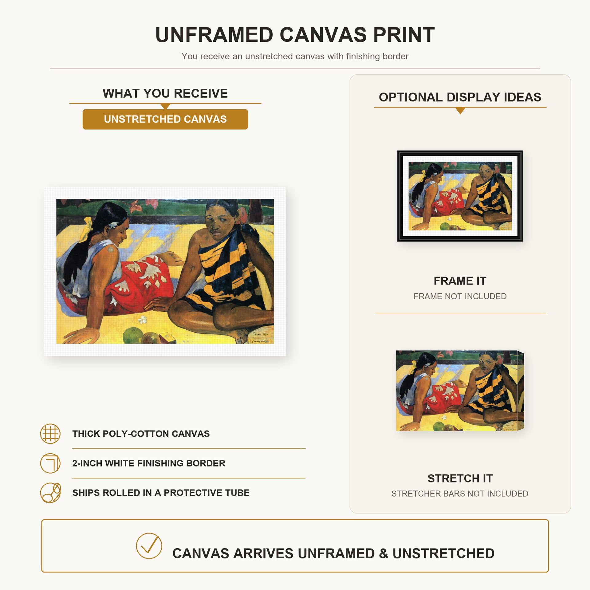 Paul Gauguin - Tahitian Women on the Beach canvas print size comparison and framing display infographic