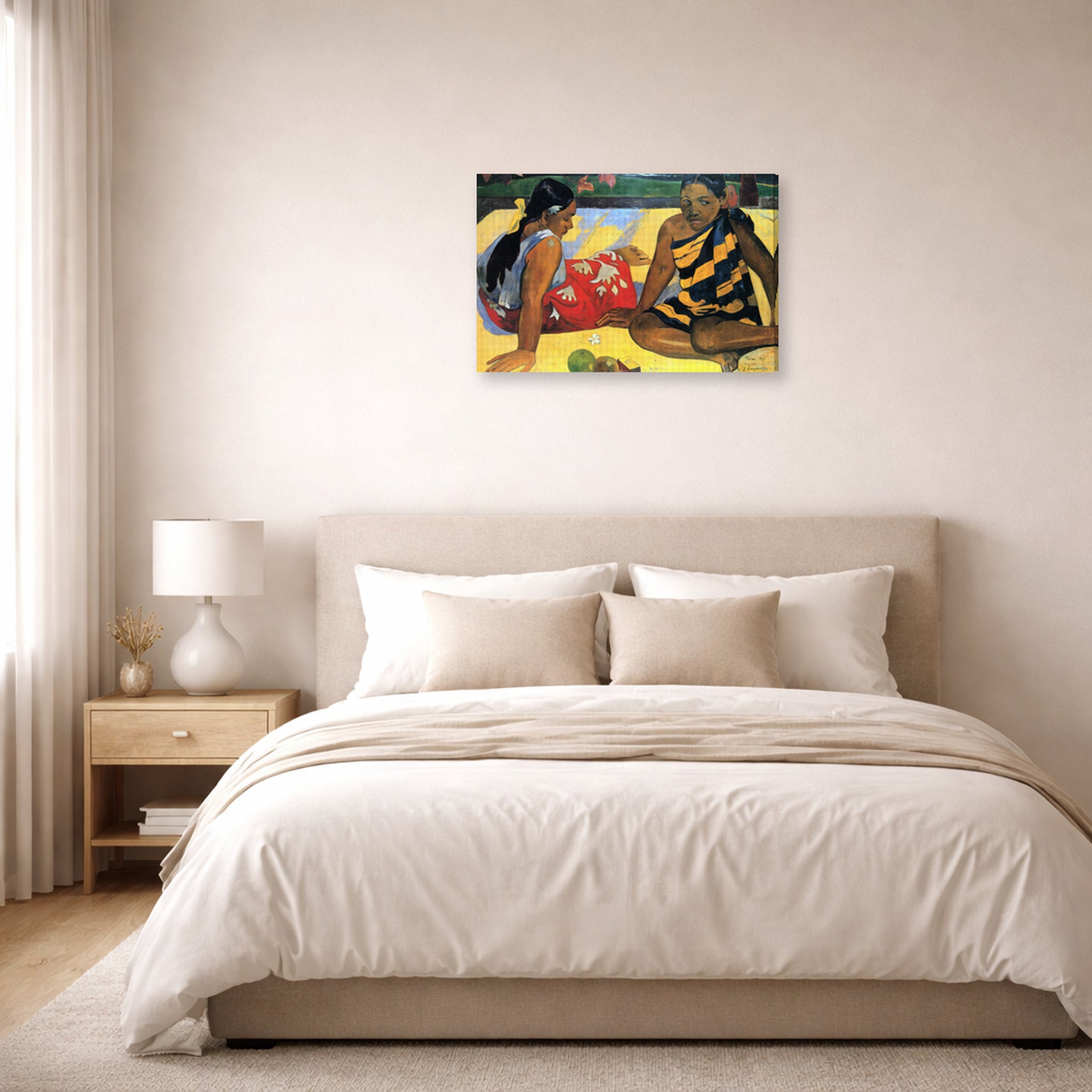 Gallery-wrapped canvas print of Paul Gauguin's Tahitian Women on the Beach displayed on a wall in a bedroom