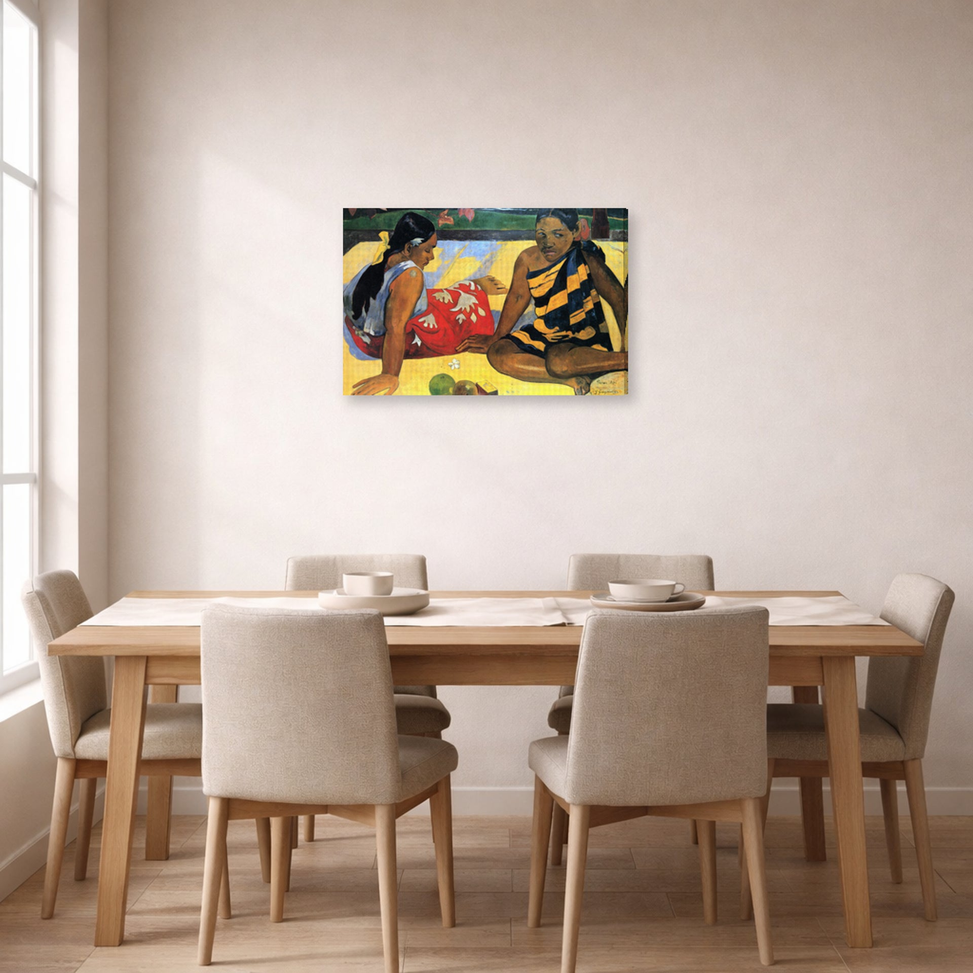 Gallery-wrapped canvas print of Paul Gauguin's Tahitian Women on the Beach displayed on a wall in a dining room