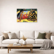 Gallery-wrapped canvas print of Paul Gauguin's Tahitian Women on the Beach displayed on a wall in a second living room setting