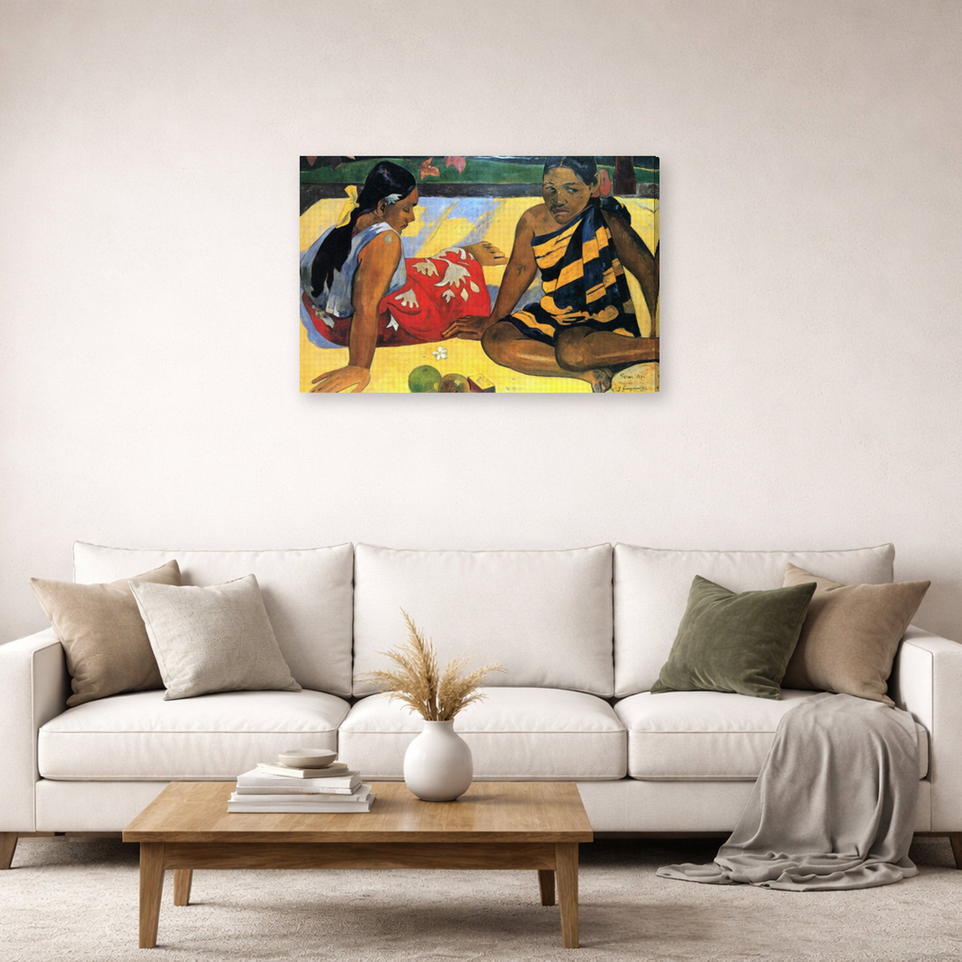 Gallery-wrapped canvas print of Paul Gauguin's Tahitian Women on the Beach displayed on a wall in a second living room setting