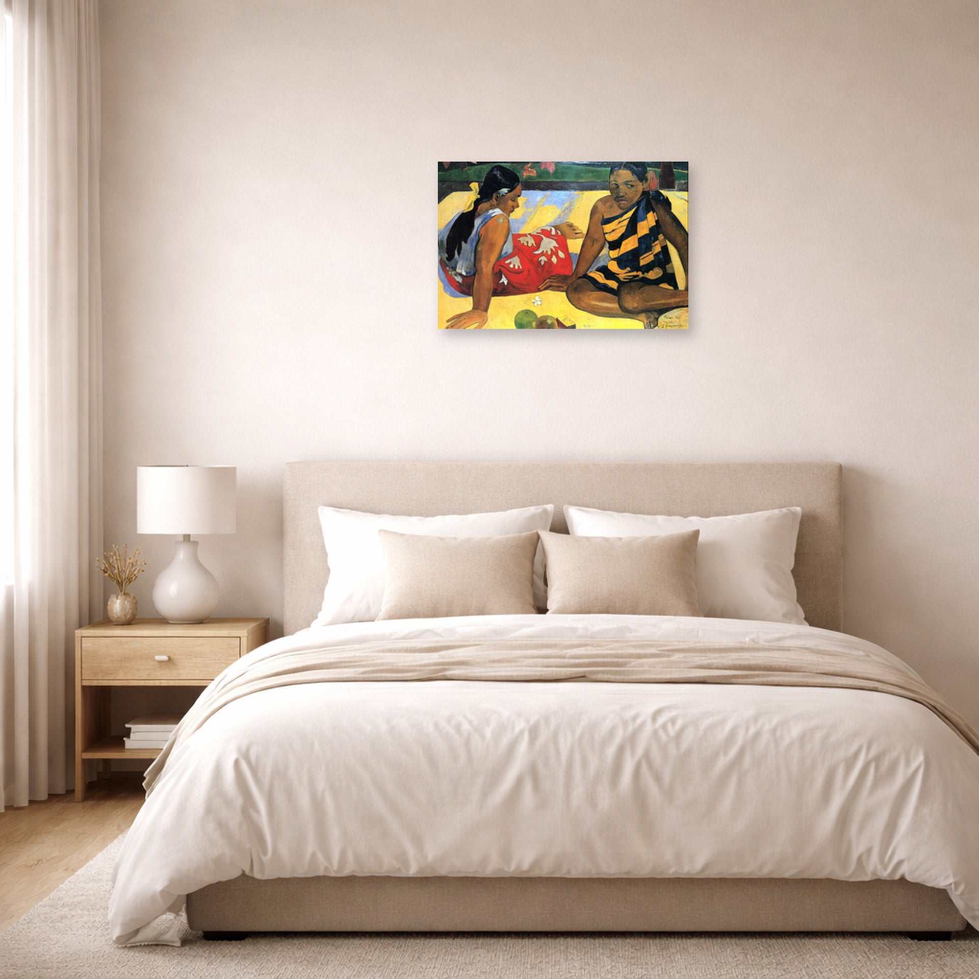 Unframed poster print of Paul Gauguin's Tahitian Women on the Beach displayed on a wall in a bedroom