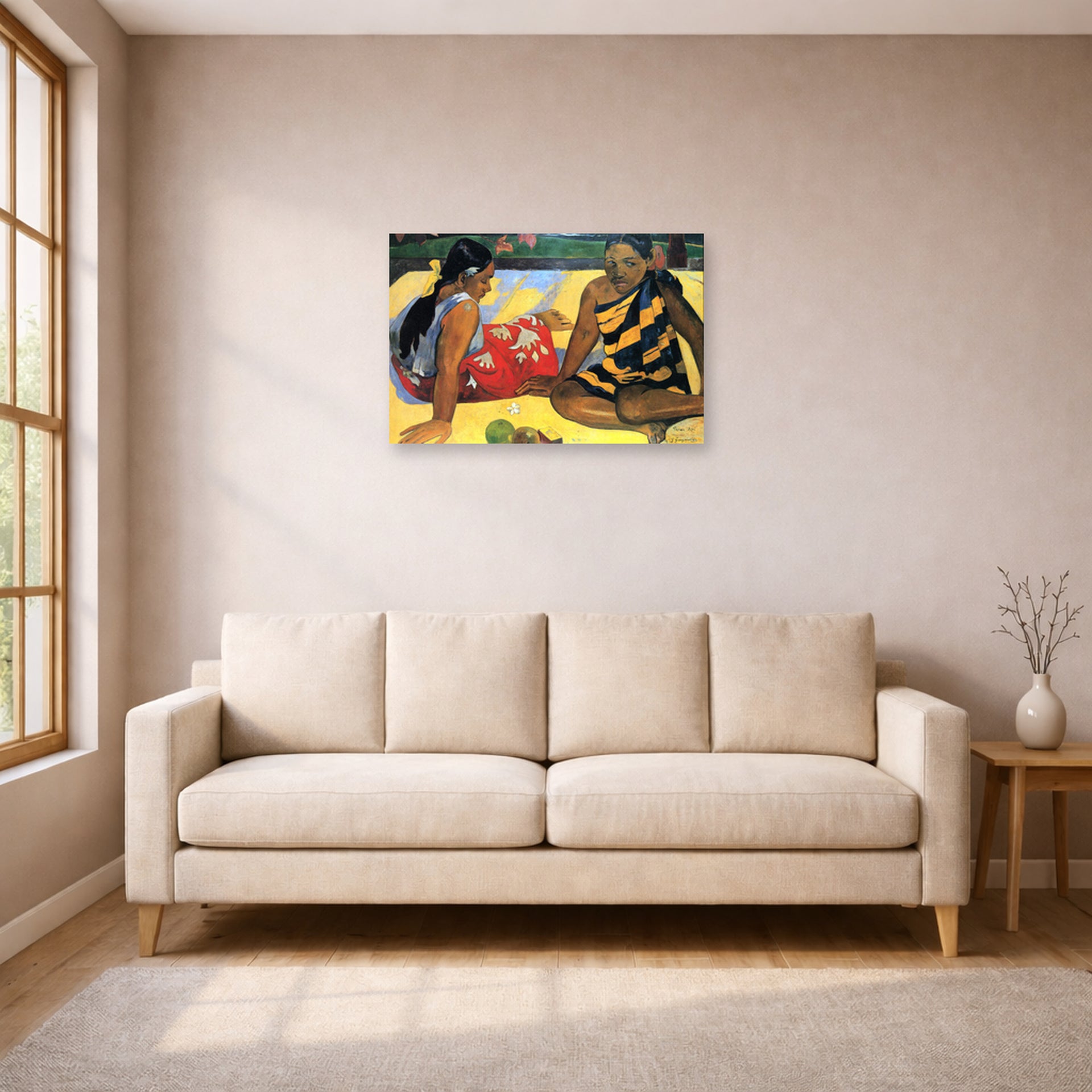 Unframed poster print of Paul Gauguin's Tahitian Women on the Beach displayed on a wall in a living room