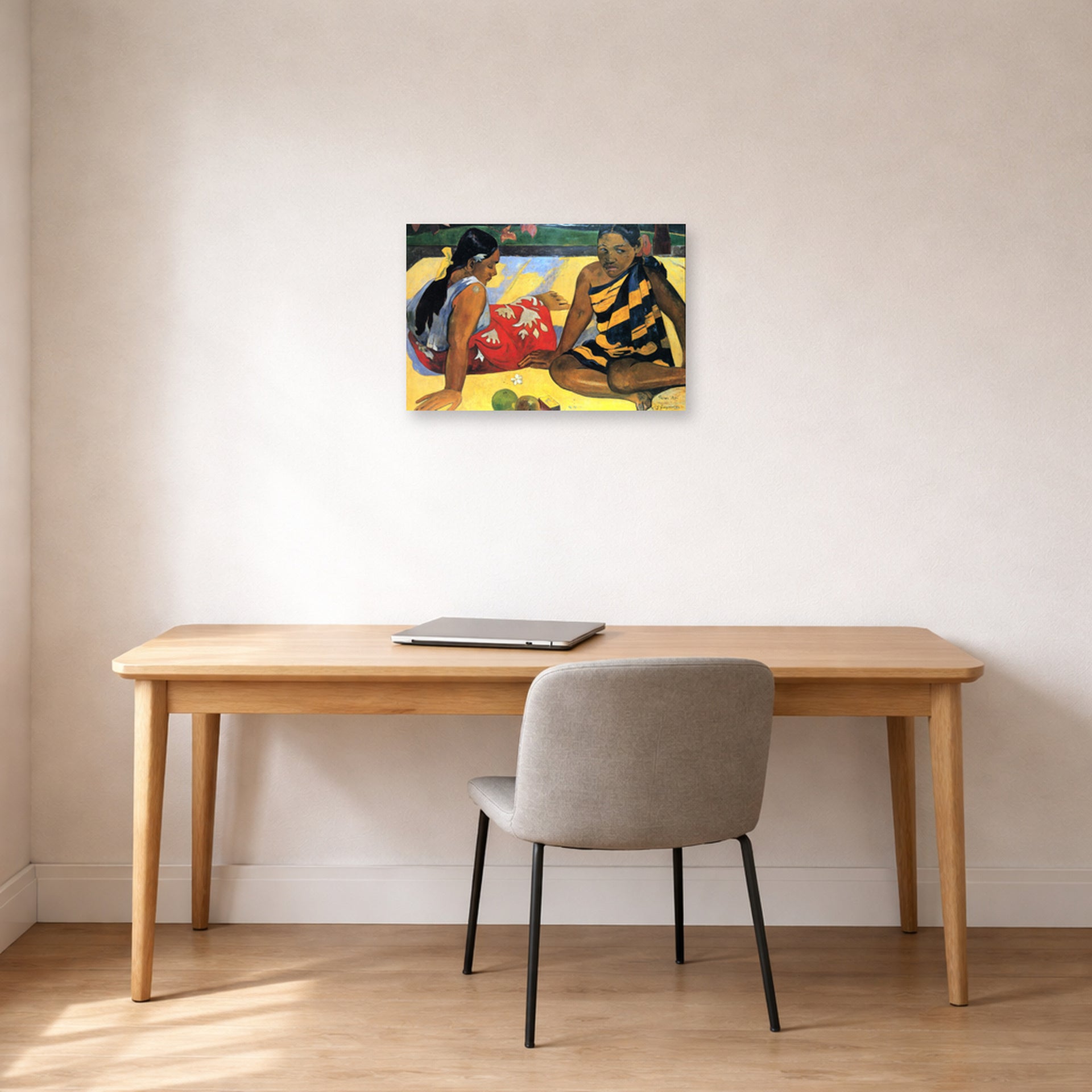 Unframed poster print of Paul Gauguin's Tahitian Women on the Beach displayed on a wall in an office