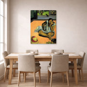 Gallery-wrapped canvas print of Paul Gauguin's The Brooding Woman displayed on a wall in a dining room
