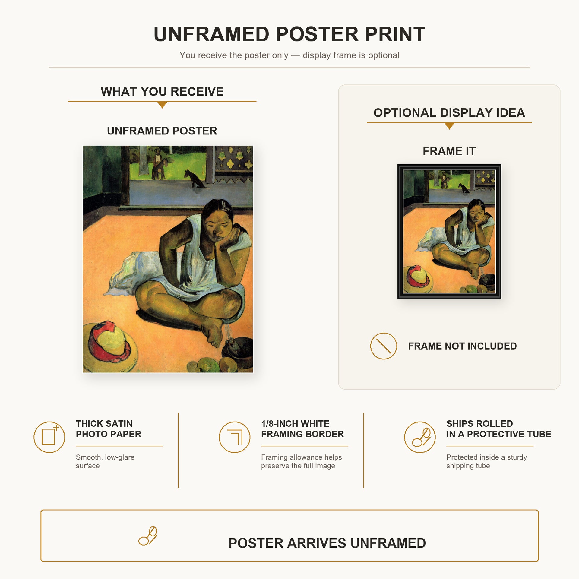 Paul Gauguin - The Brooding Woman poster print size comparison and framing display infographic