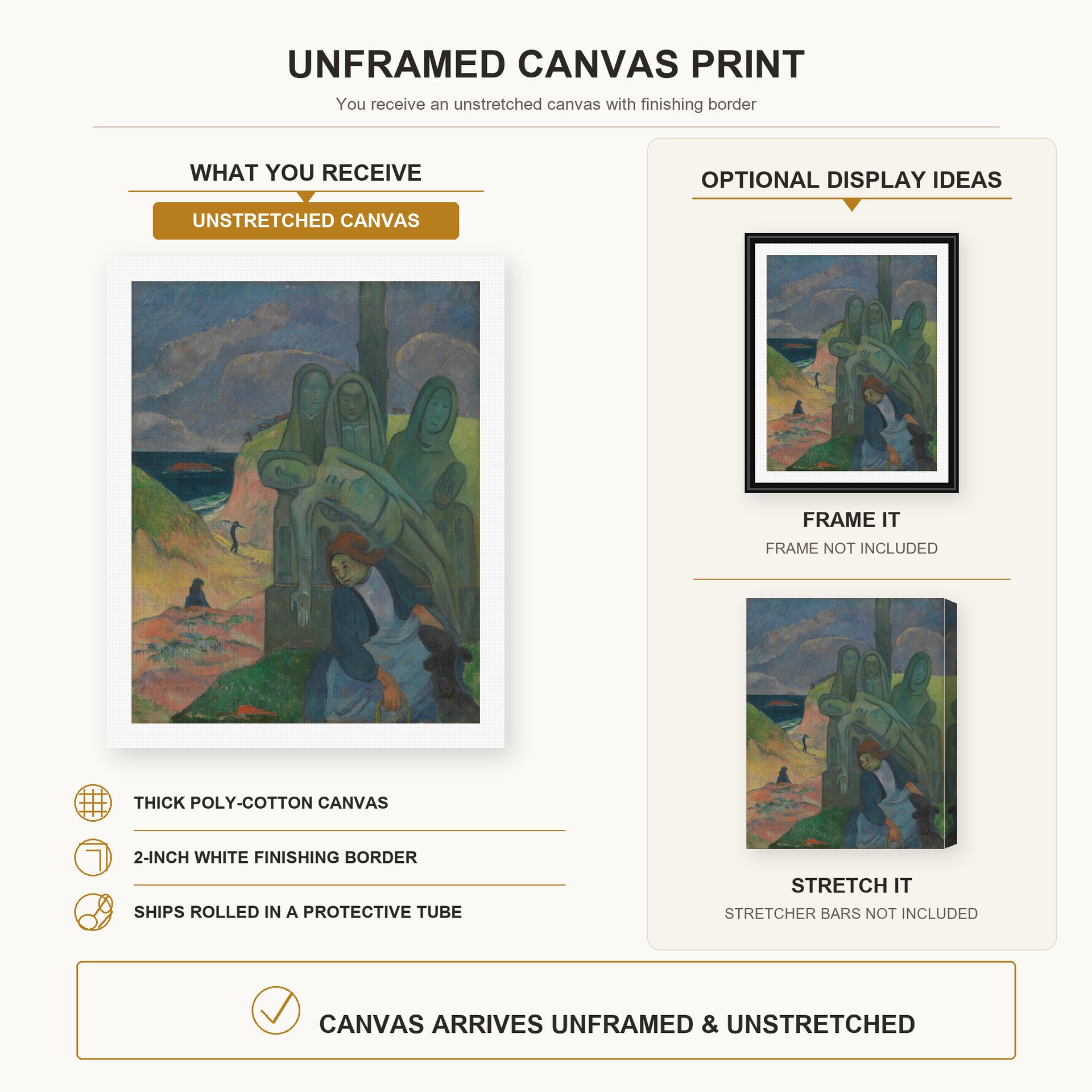 Paul Gauguin - The Green Christ canvas print size comparison and framing display infographic