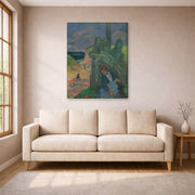 Gallery-wrapped canvas print of Paul Gauguin's The Green Christ displayed on a wall in a living room