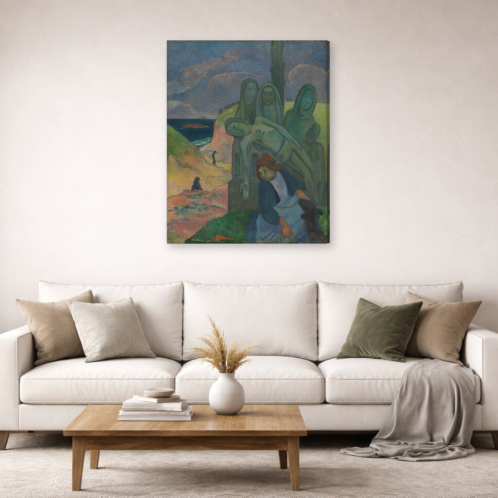 Gallery-wrapped canvas print of Paul Gauguin's The Green Christ displayed on a wall in a second living room setting