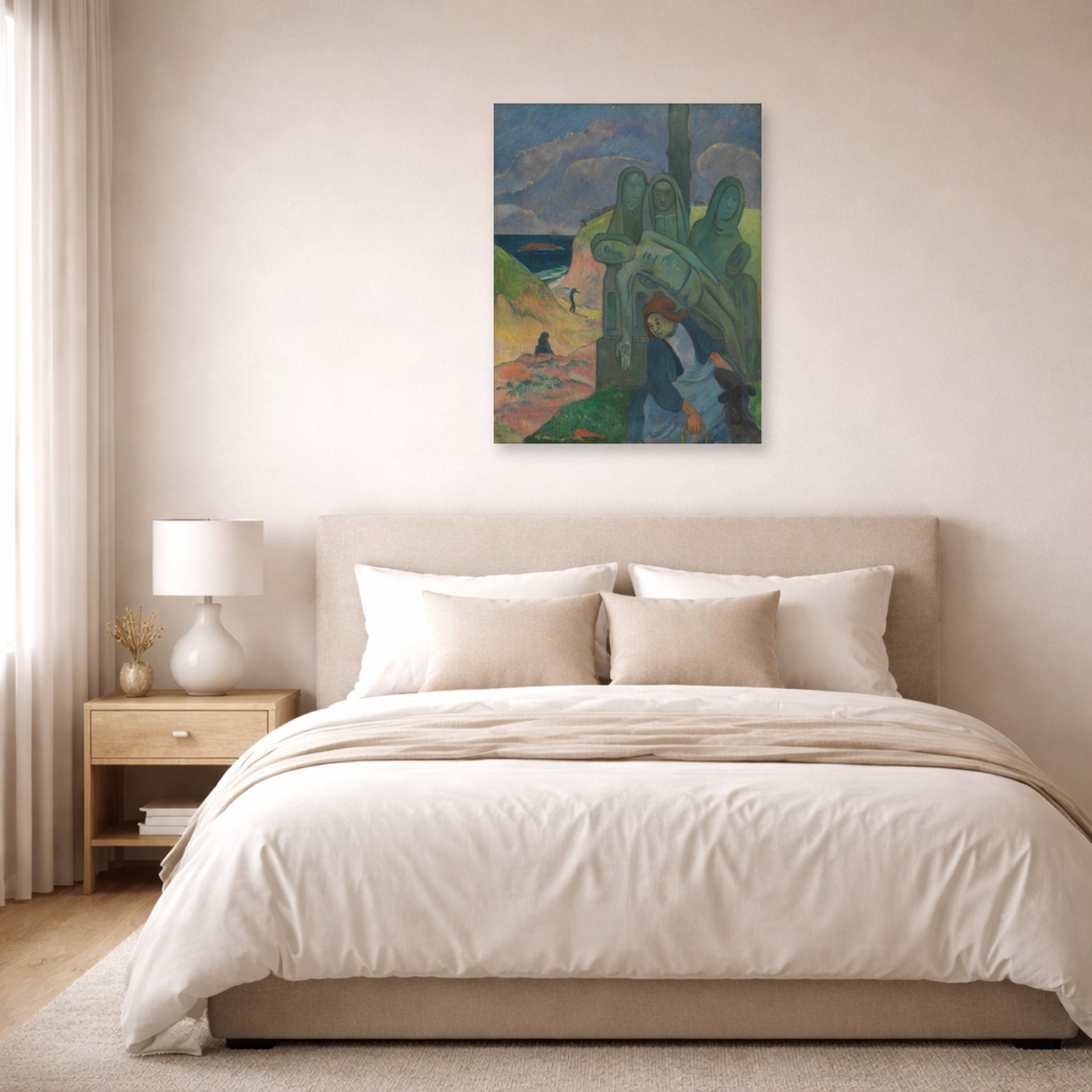 Unframed poster print of Paul Gauguin's The Green Christ displayed on a wall in a bedroom
